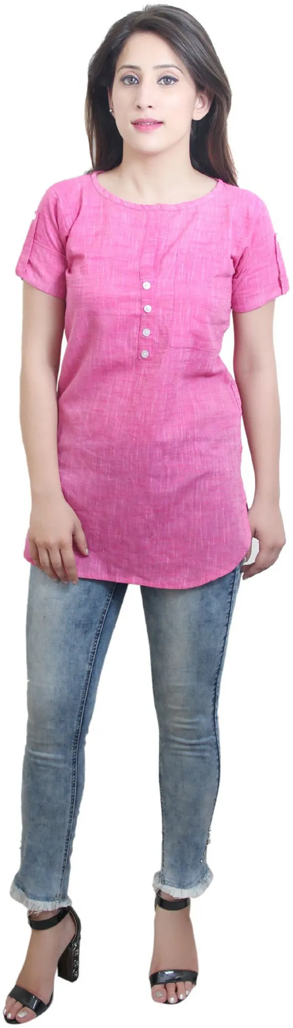 Pink_Casual_Short_Sleeve_Solid_Tops_For_Women