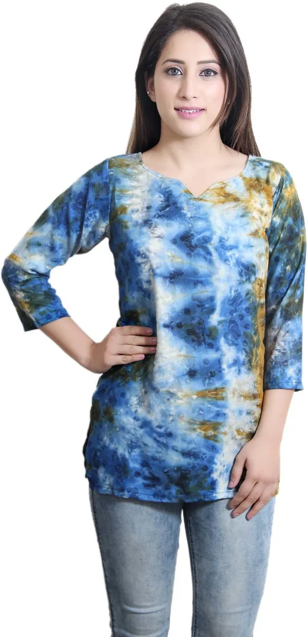 Multicolor_Casual_3/4_Sleeve_Tie_&_Dye_Tops_For_Women