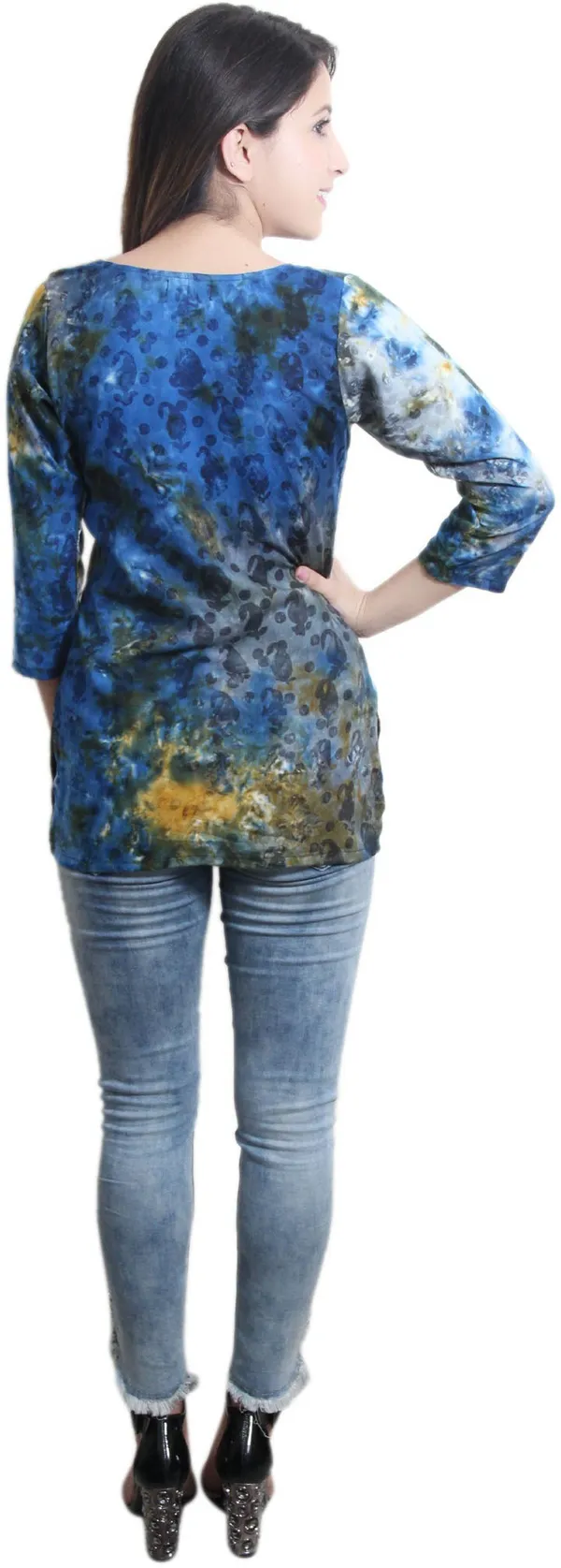 Multicolor_Casual_3/4_Sleeve_Tie_&_Dye_Tops_For_Women