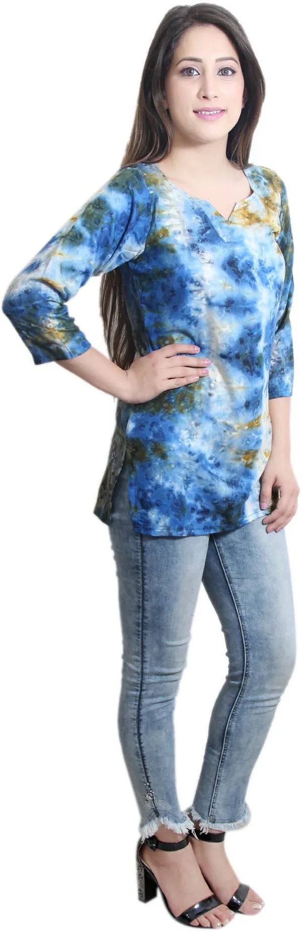 Multicolor_Casual_3/4_Sleeve_Tie_&_Dye_Tops_For_Women