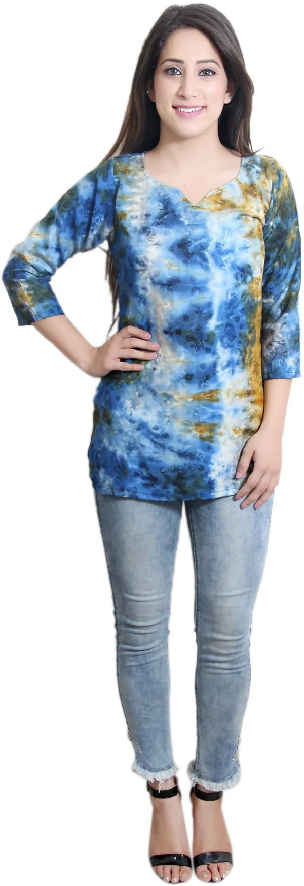 Multicolor_Casual_3/4_Sleeve_Tie_&_Dye_Tops_For_Women