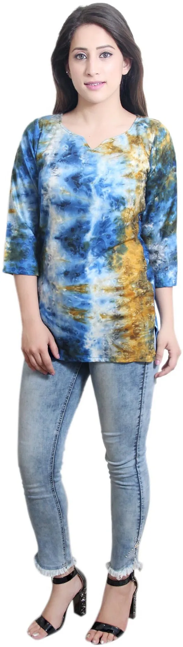 Multicolor_Casual_3/4_Sleeve_Tie_&_Dye_Tops_For_Women