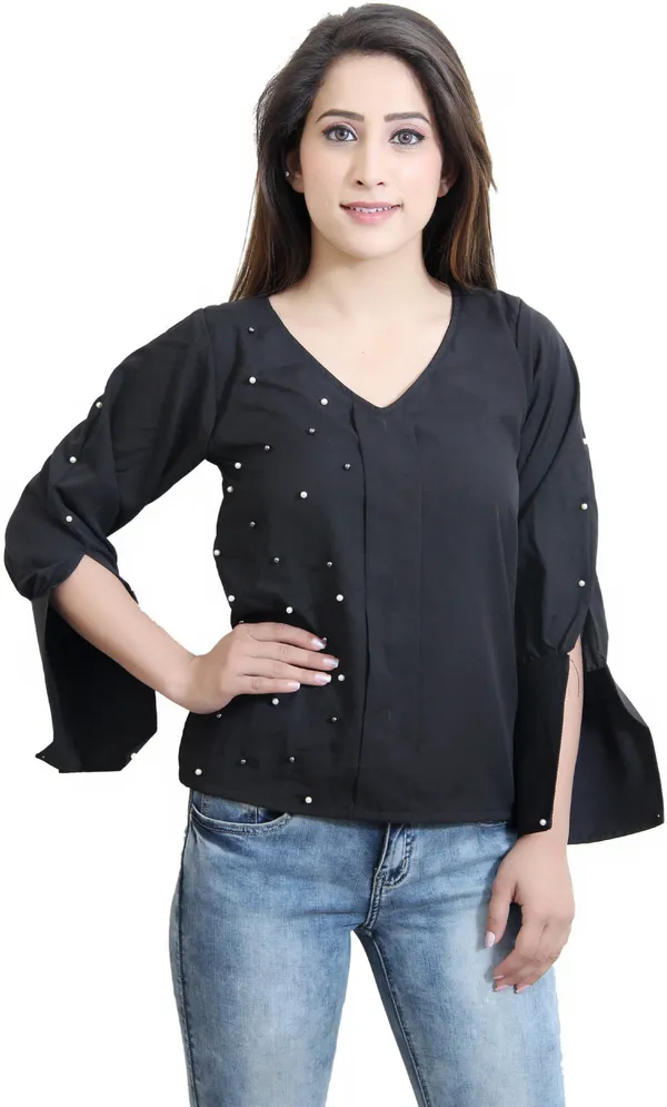 Black_Party_Slit_Sleeve_Embellished_Tops_For_Women