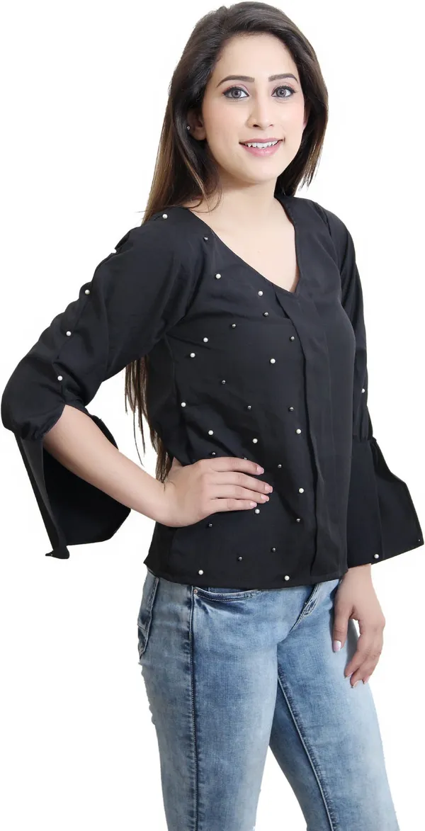 Black_Party_Slit_Sleeve_Embellished_Tops_For_Women