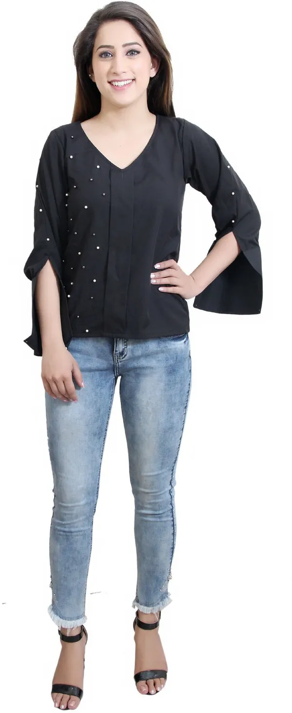 Black_Party_Slit_Sleeve_Embellished_Tops_For_Women
