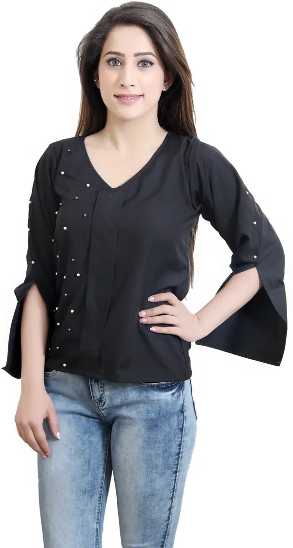 Black_Party_Slit_Sleeve_Embellished_Tops_For_Women