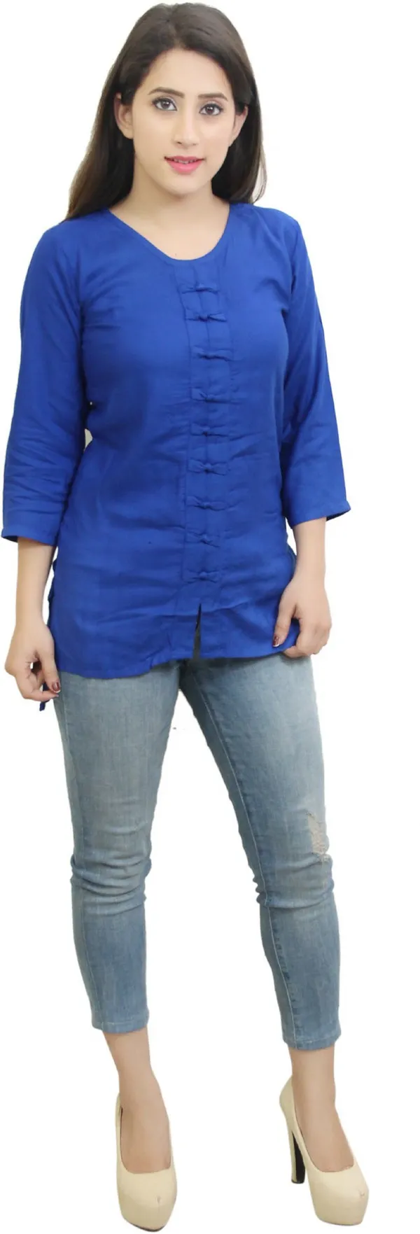 Blue_Casual_3/4_Sleeve_Solid_Tops_For_Women