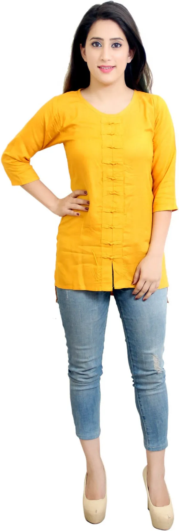 Blue_Casual_3/4_Sleeve_Solid_Tops_For_Women
