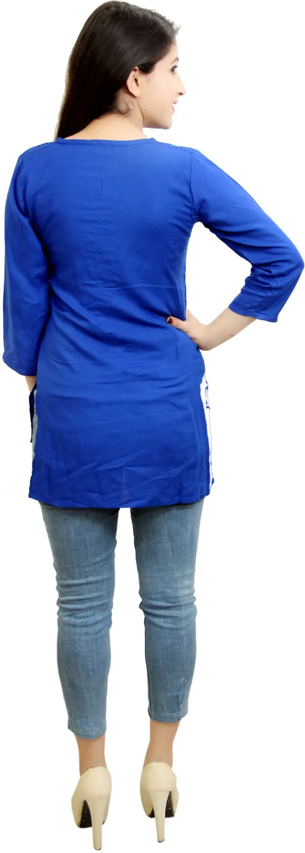 Blue_Casual_3/4_Sleeve_Solid_Tops_For_Women