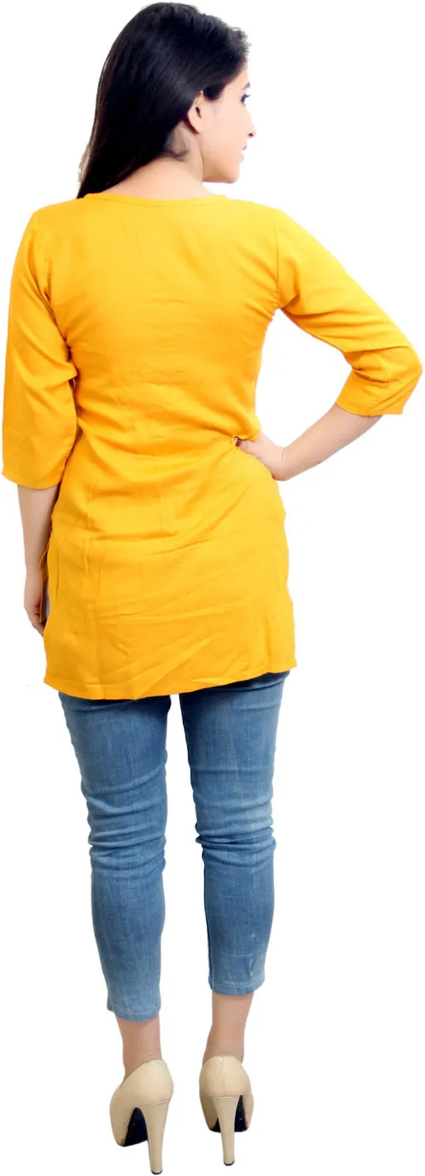 Blue_Casual_3/4_Sleeve_Solid_Tops_For_Women