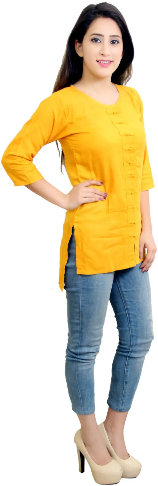 Blue_Casual_3/4_Sleeve_Solid_Tops_For_Women