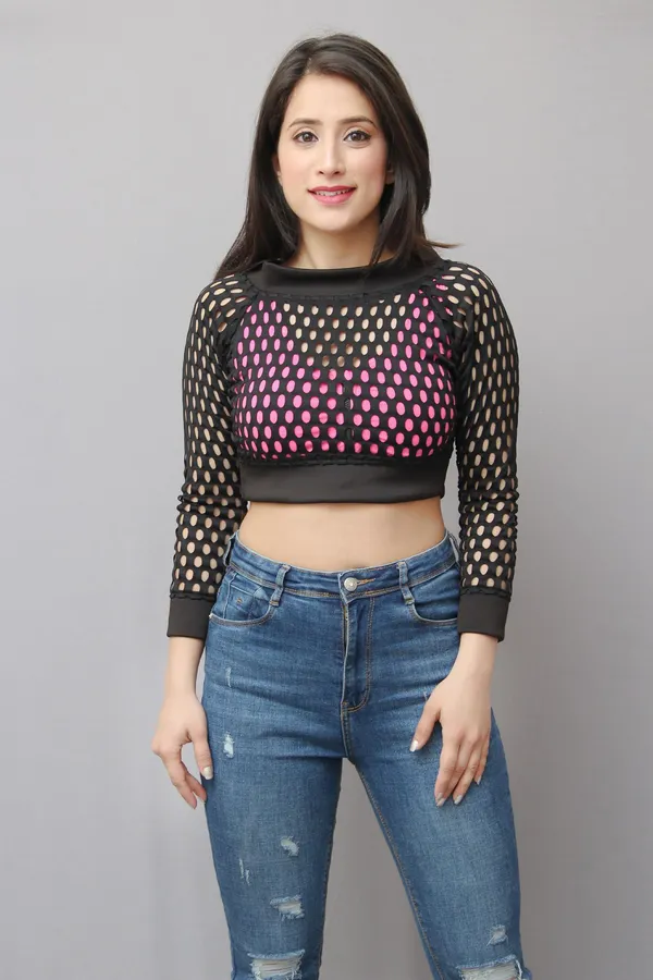 Black_Casual_3/4_Sleeve_Self_Design_Tops_For_Women