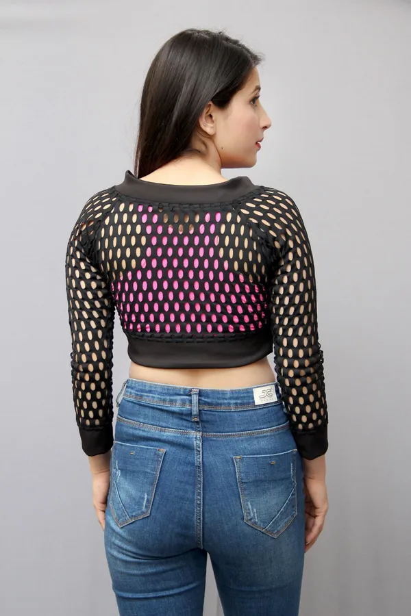 Black_Casual_3/4_Sleeve_Self_Design_Tops_For_Women