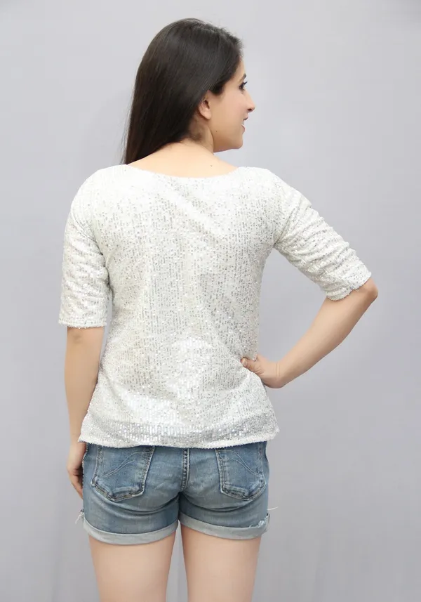 White_Lycra_Blend_Half_Sleeve_Boat_Neck_Embellished_Hip_Length_Regular_Top_For_Women