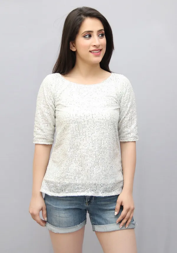 White_Lycra_Blend_Half_Sleeve_Boat_Neck_Embellished_Hip_Length_Regular_Top_For_Women