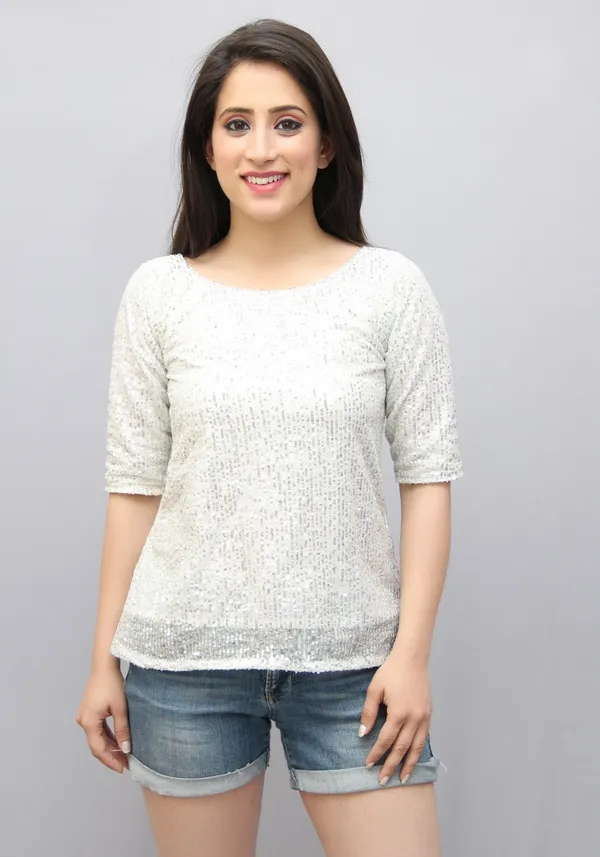 White_Lycra_Blend_Half_Sleeve_Boat_Neck_Embellished_Hip_Length_Regular_Top_For_Women