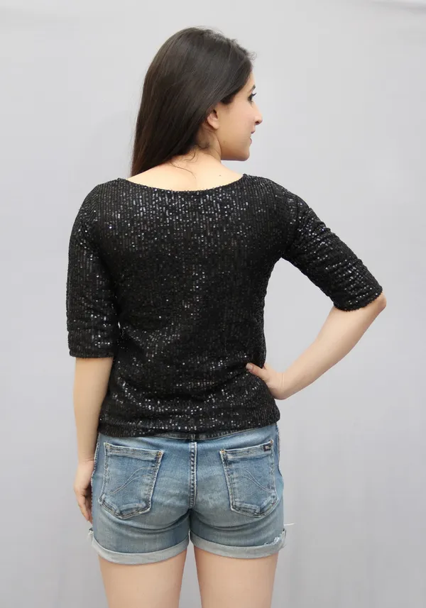 Black_Lycra_Blend_Half_Sleeve_Boat_Neck_Embellished_Hip_Length_Regular_Top_For_Women