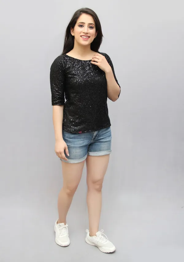 Black_Lycra_Blend_Half_Sleeve_Boat_Neck_Embellished_Hip_Length_Regular_Top_For_Women