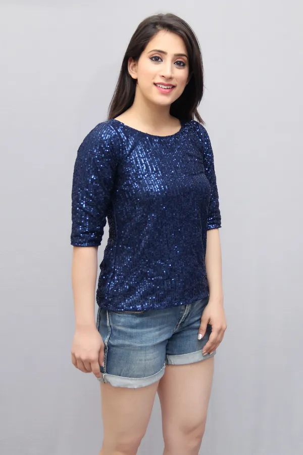 Blue_Lycra_Blend_Half_Sleeve_Boat_Neck_Embellished_Hip_Length_Regular_Top_For_Women