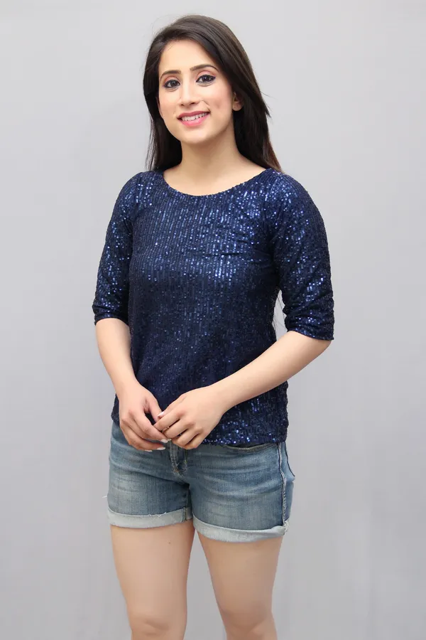 Blue_Lycra_Blend_Half_Sleeve_Boat_Neck_Embellished_Hip_Length_Regular_Top_For_Women