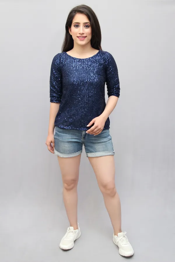 Blue_Lycra_Blend_Half_Sleeve_Boat_Neck_Embellished_Hip_Length_Regular_Top_For_Women