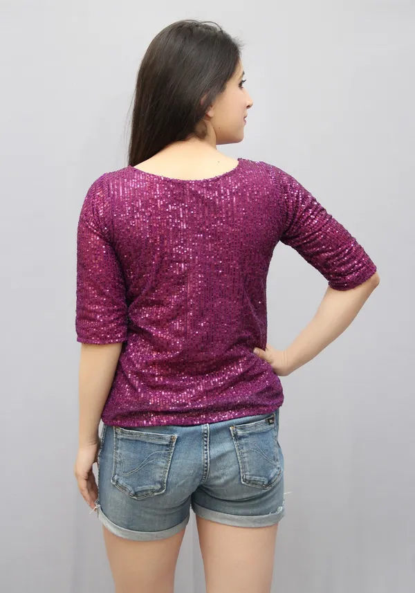 Purple_Lycra_Blend_Half_Sleeve_Boat_Neck_Embellished_Hip_Length_Regular_Top_For_Women