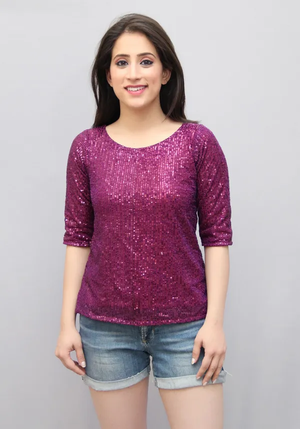 Purple_Lycra_Blend_Half_Sleeve_Boat_Neck_Embellished_Hip_Length_Regular_Top_For_Women