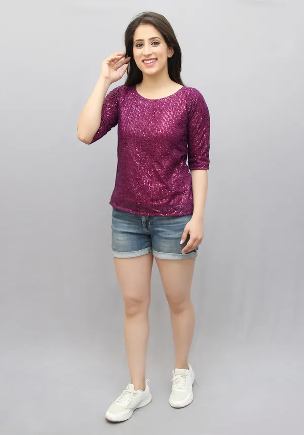 Purple_Lycra_Blend_Half_Sleeve_Boat_Neck_Embellished_Hip_Length_Regular_Top_For_Women
