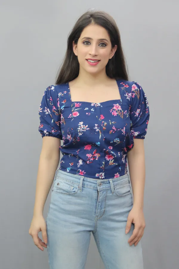 Blue_Casual_Floral_Print_Tops_For_Women