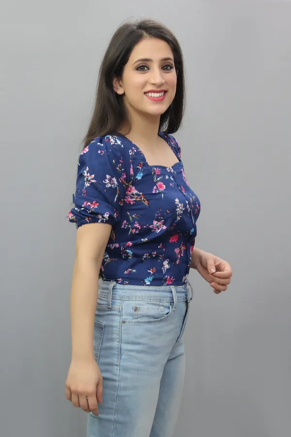Blue_Casual_Floral_Print_Tops_For_Women