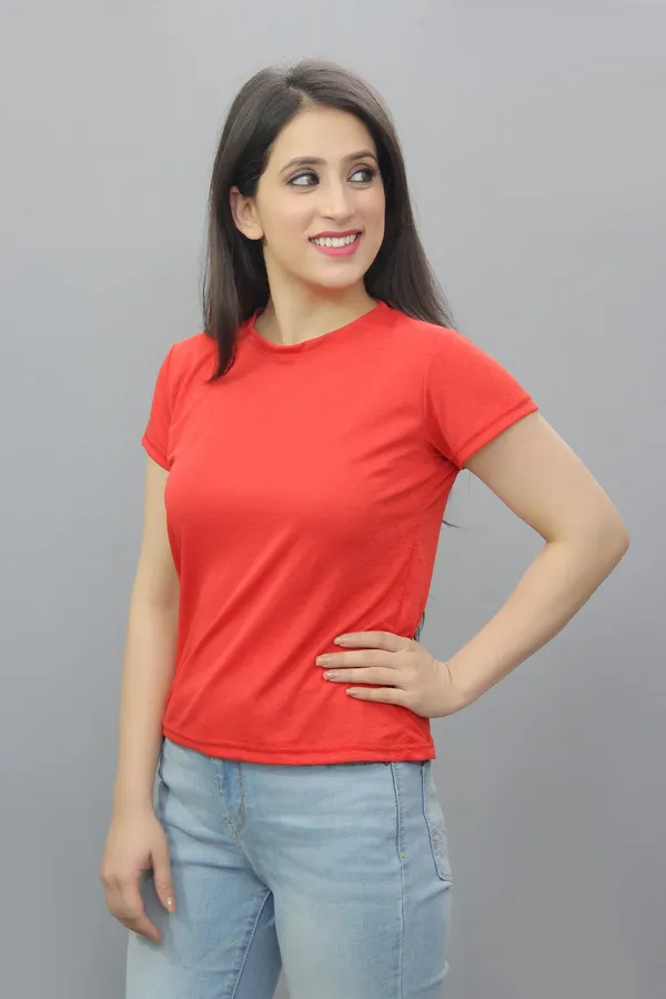 Red_Cotton_Blend_Solid_Short_Sleeve_Round_Neck_Regular_Fit_T-Shirt_For_Women