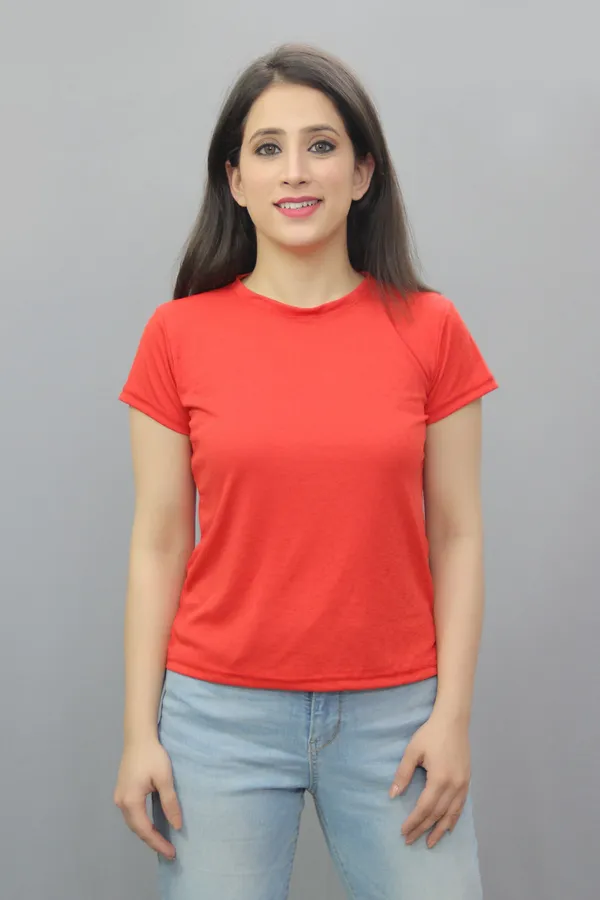 Red_Cotton_Blend_Solid_Short_Sleeve_Round_Neck_Regular_Fit_T-Shirt_For_Women
