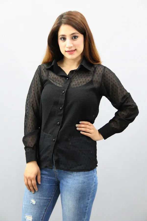 Black_Georgette_Full_Sleeve_Self_Design_Hip_Length_Regular_Fit_Shirt_For_Women