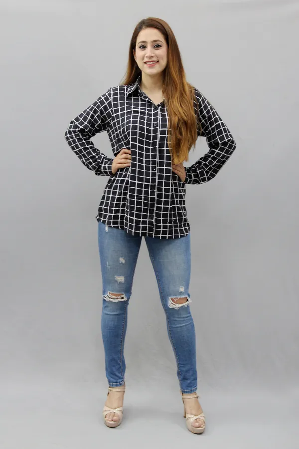 Black_&_White_Cotton_Blend_Full_Sleeve_Checkered_Hip_Length_Regular_Fit_Shirt_For_Women