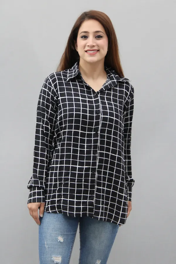 Black_&_White_Cotton_Blend_Full_Sleeve_Checkered_Hip_Length_Regular_Fit_Shirt_For_Women