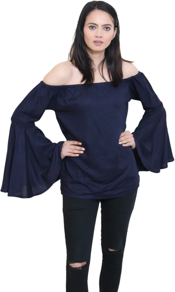 Dark_Blue_Casual_Bell_Sleeve_Color_Block_Tops_For_Women
