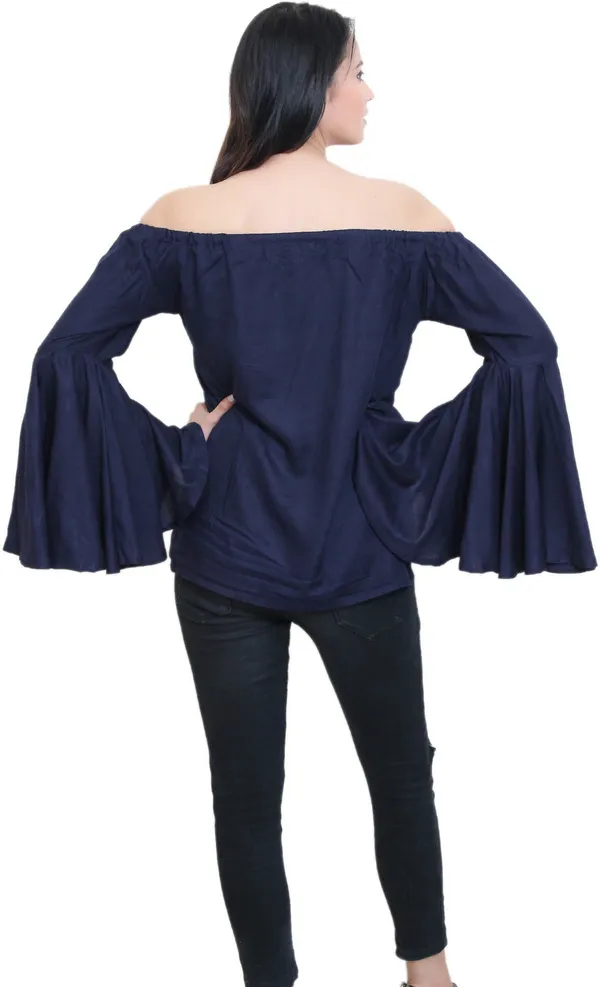 Dark_Blue_Casual_Bell_Sleeve_Color_Block_Tops_For_Women