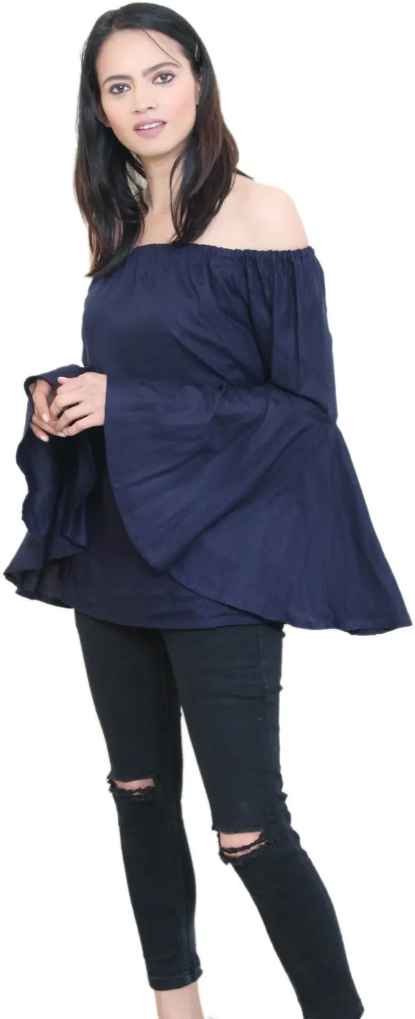 Dark_Blue_Casual_Bell_Sleeve_Color_Block_Tops_For_Women