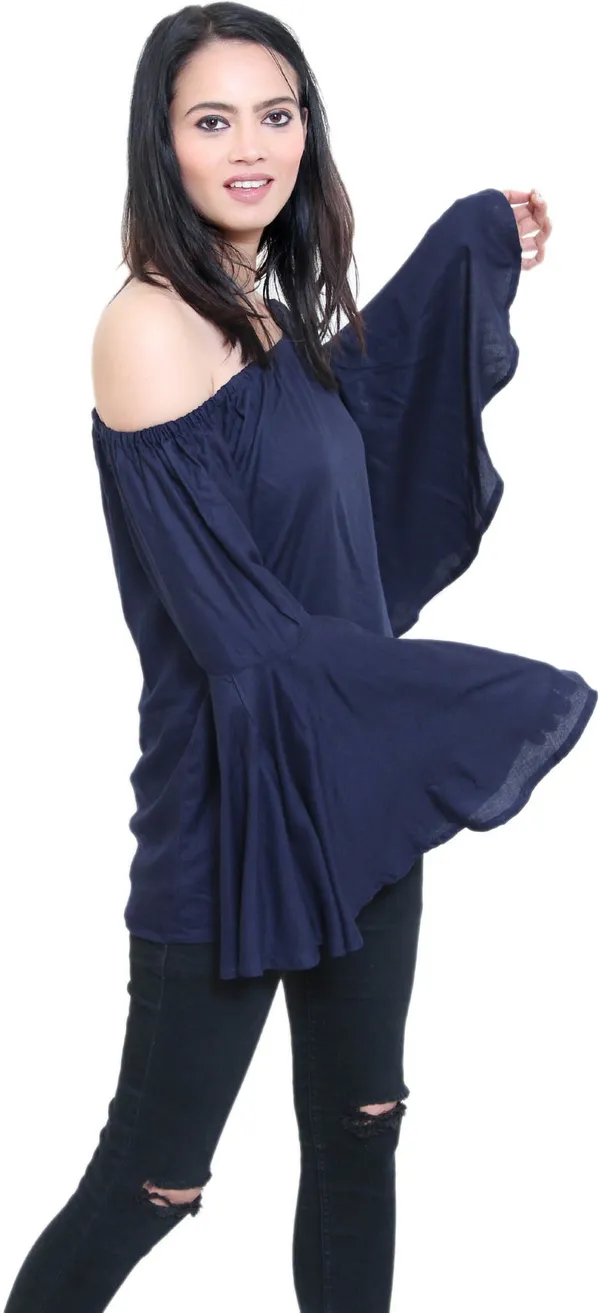 Dark_Blue_Casual_Bell_Sleeve_Color_Block_Tops_For_Women