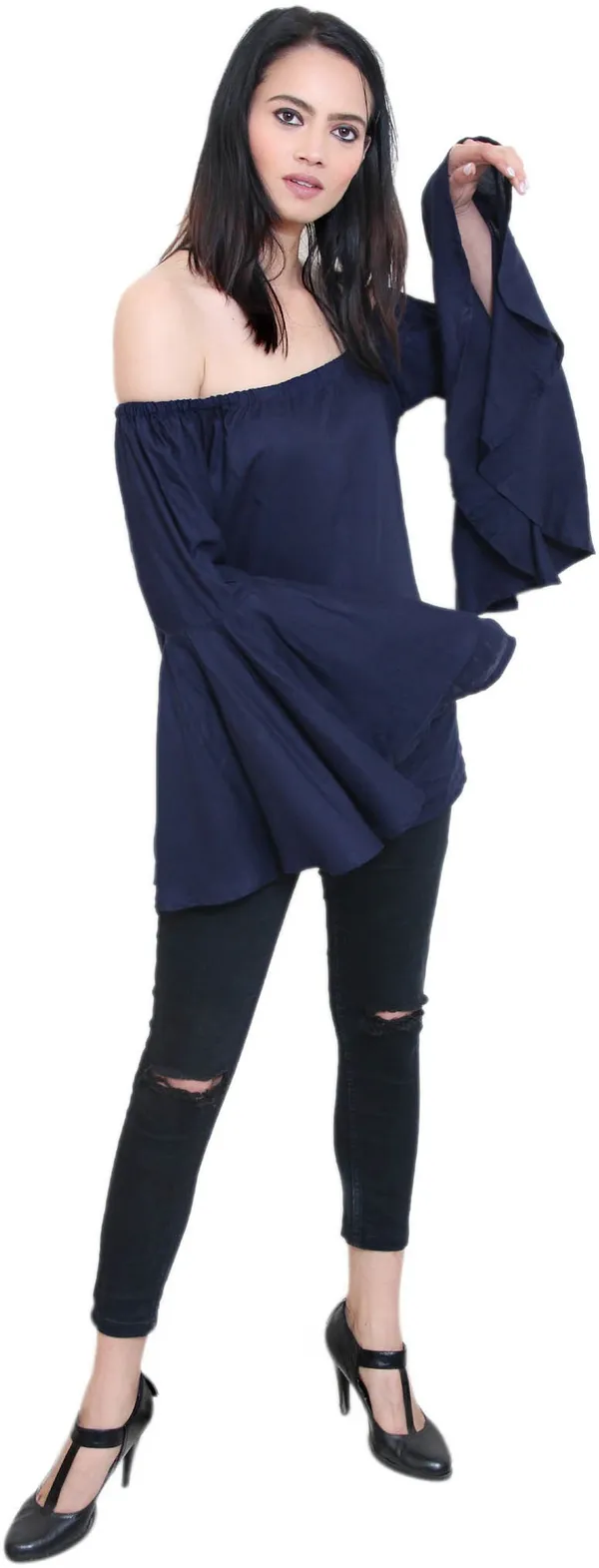Dark_Blue_Casual_Bell_Sleeve_Color_Block_Tops_For_Women