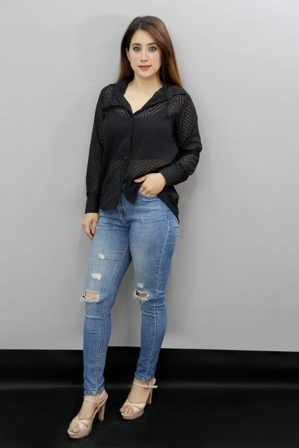 Black_Georgette_Full_Sleeve_Self_Design_Hip_Length_Regular_Fit_Shirt_For_Women