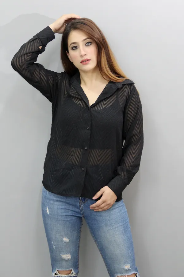 Black_Georgette_Full_Sleeve_Self_Design_Hip_Length_Regular_Fit_Shirt_For_Women