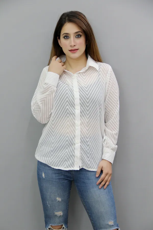 White_Georgette_Full_Sleeve_Self_Design_Hip_Length_Regular_Fit_Shirt_For_Women