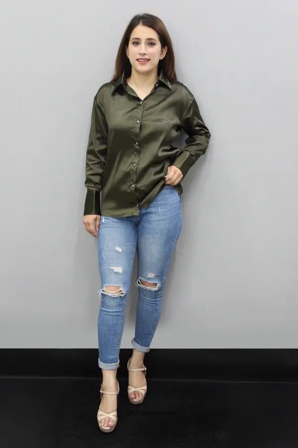 Dark_Green_Satin_Full_Sleeve_Solid_Hip_Length_Regular_Fit_Shirt_For_Women