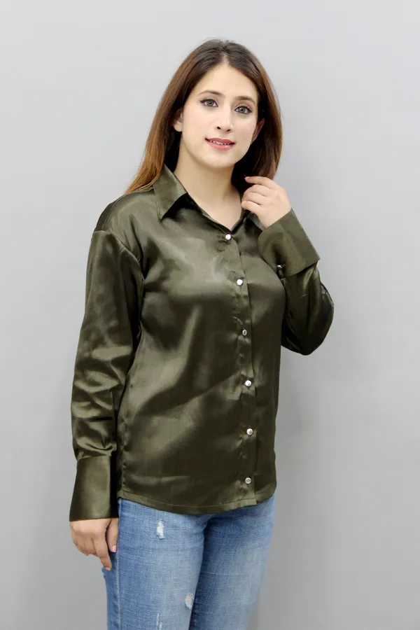 Dark_Green_Satin_Full_Sleeve_Solid_Hip_Length_Regular_Fit_Shirt_For_Women