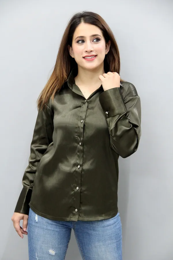 Dark_Green_Satin_Full_Sleeve_Solid_Hip_Length_Regular_Fit_Shirt_For_Women