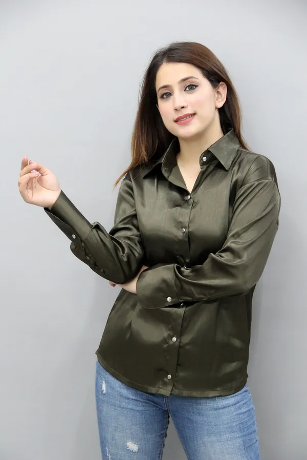 Dark_Green_Satin_Full_Sleeve_Solid_Hip_Length_Regular_Fit_Shirt_For_Women