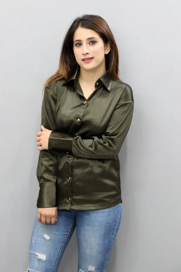 Dark_Green_Satin_Full_Sleeve_Solid_Hip_Length_Regular_Fit_Shirt_For_Women