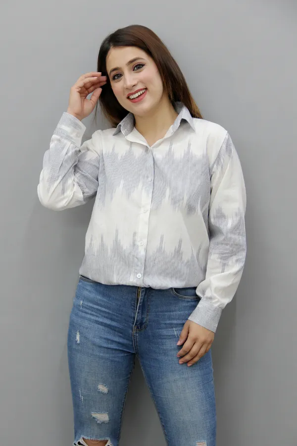 White_&_Blue_Cotton_Blend_Full_Sleeve_Striped_Hip_Length_Regular_Fit_Shirt_For_Women