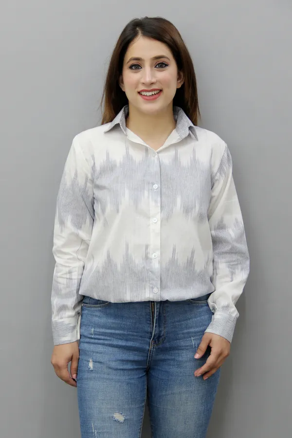 White_&_Blue_Cotton_Blend_Full_Sleeve_Striped_Hip_Length_Regular_Fit_Shirt_For_Women